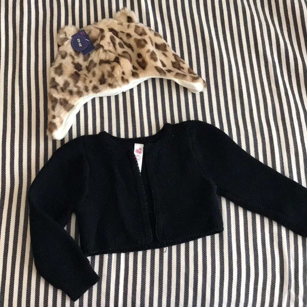 2t black crop sweater & 2t-5t leopard hat